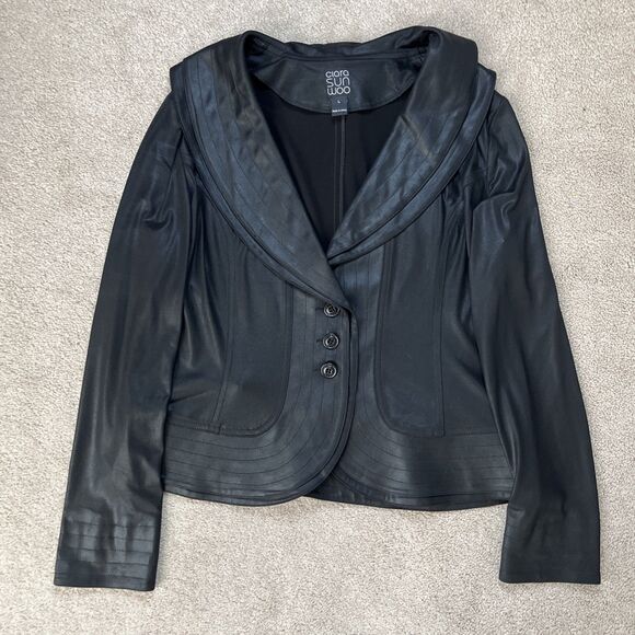 Clara Sun Woo Liquid Leather Jacket Womens Large Vegan Black Button Stretch Moto - Picture 1 of 7